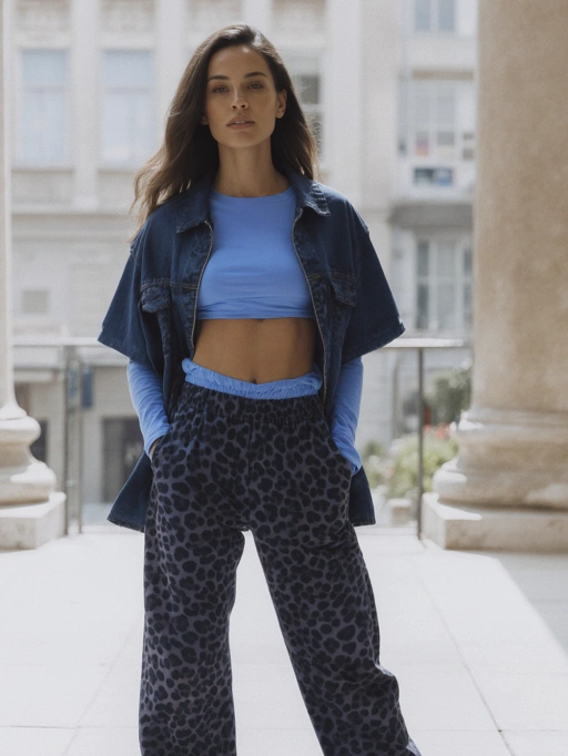 This is a chic young adult female model from Europe, likely French, featuring long brown wavy hair, fair skin, and a slim figure. Her outfit—a blue crop top paired with leopard print pants and a denim jacket—exudes a modern and stylish vibe. Her confident posture and direct gaze suggest a strong, self-assured personality. This image is highly suitable for fashion editorials, streetwear campaigns, or lifestyle branding that targets a youthful and trendy audience.