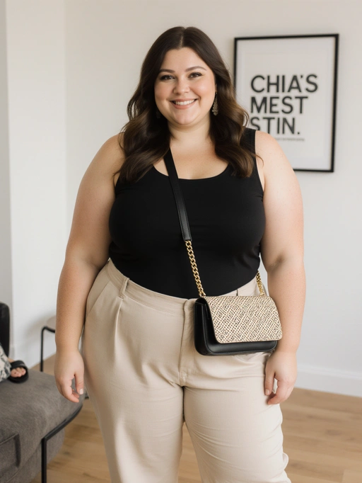 Ini adalah model wanita dewasa muda yang percaya diri dari Amerika, kemungkinan besar orang Amerika, dengan rambut panjang bergelombang berwarna cokelat gelap, kulit cerah, dan tipe tubuh plus-size. Pakaian yang dikenakannya terdiri dari atasan tanpa lengan berwarna hitam yang dipadukan dengan celana panjang krem, dilengkapi dengan tas selempang yang bergaya. Senyuman dan posturnya menyampaikan rasa percaya diri dan sikap yang modis, menjadikannya sangat cocok untuk mempromosikan merek fesyen kontemporer atau konten gaya hidup yang merayakan beragam tipe tubuh.