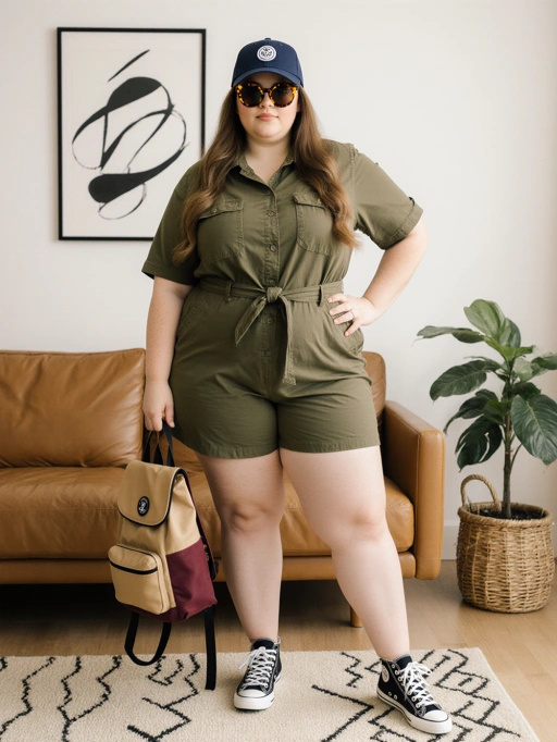 这是一位来自美国的自信年轻女性模特,拥有棕色长卷发、白皙的皮肤和大码身材。通过她放松的姿态和时尚的穿搭,她展现出一种随性而自信的气质。她的穿搭包括一件绿色工装连体裤,搭配海军蓝色帽子和太阳镜。她的整体造型还配有一款双色背包和经典黑色运动鞋,适合用于生活方式摄影、专注于包容性的时尚博客或日常穿搭推广。