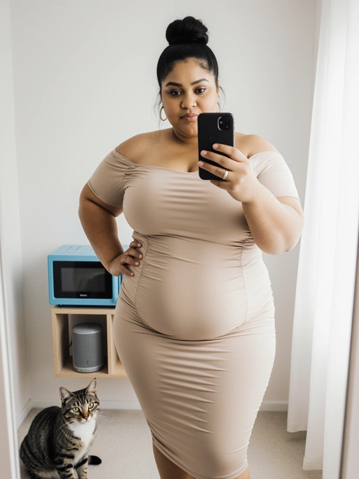 This is a confident young adult female model from the Americas, likely American, featuring dark brown hair styled in a high bun, a brown skin tone, and a curvy body type. Her expression and posture convey a fashionable and self-assured vibe, enhanced by her elegant off-shoulder dress. The setting, which includes a modern appliance and a curious cat, adds a touch of everyday relatability to her sophisticated appearance, making her image suitable for fashion blogs, lifestyle content, or maternity wear advertisements.