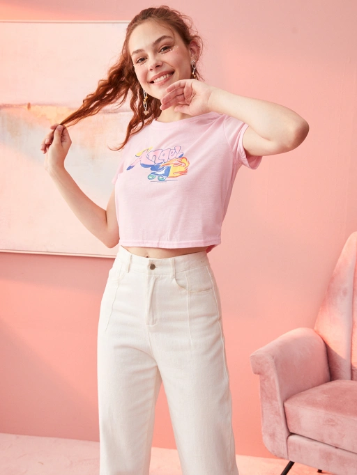 Professional Put Clothes on Model AI for Crop Top with Studio Model featuring Studio Model wearing Tops in Minimalist pink studio, Vibrant style.