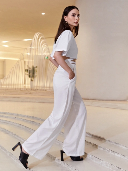 Professional Put Clothes on Model AI for Womens Pants with Studio Model featuring Studio Model wearing Women's Trousers in Luxury Hotel Lobby, Luxurious style.