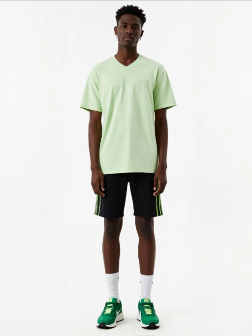 Professional Put Clothes on Model AI for Men's T-shirt and Shorts with Black Model featuring Black Model wearing T-Shirt in Minimalist White Studio, Trustworthy style.