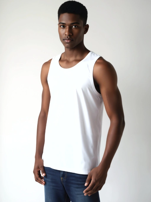 Professional AI Product Photography for Tank Top with Black Model featuring Black Model wearing Sleeveless Shirts in Minimalist White Studio, Professional style.