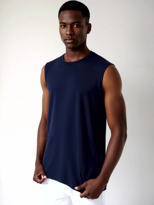 Mannequin Fantôme pour Tee-shirts Sans Manches avec Modèle Musclé Noir, featuring Modèle Noir portant Tee-shirt Sans Manches dans Studio Blanc Minimaliste, style professionnel.