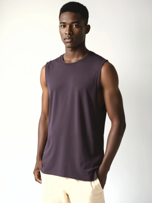 Professionelles Produktbild für Ärmellose Shirts mit schwarzem Modell im minimalistischen grauen Studio, professioneller Stil.