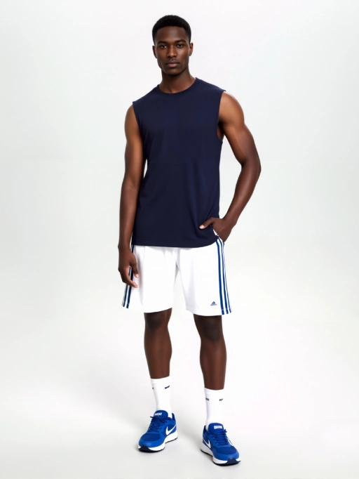 Modèle IA professionnel pour Activewear Homme avec Modèle Noir montrant un modèle noir portant Activewear Homme en Studio Blanc Minimaliste, style fiable.