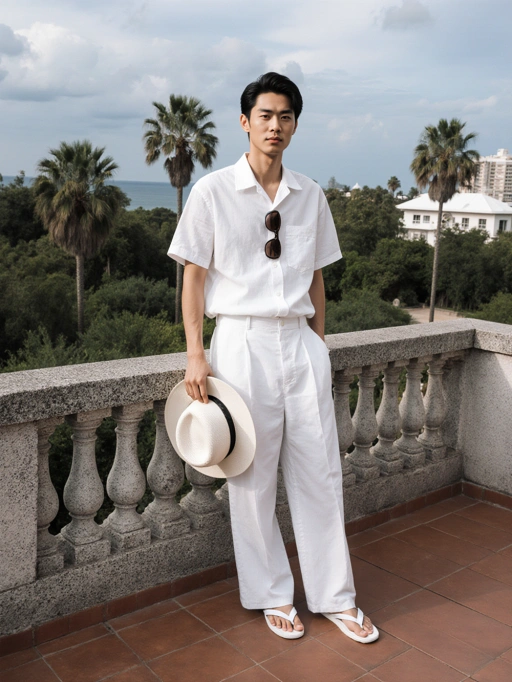 Ini adalah model pria muda dewasa yang chic dari China, dengan rambut pendek hitam yang rapi, tubuh ramping, dan warna kulit kuning. Postur santainya dan pakaian serba putih yang bergaya menyampaikan suasana modern dan canggih, dilengkapi dengan ekspresi percaya diri namun santai. Memegang topi putih dan kacamata hitam, ia memancarkan kesan elegan kasual, membuatnya sangat cocok untuk editorial mode, kampanye gaya hidup mewah, atau iklan pakaian resor musim panas.