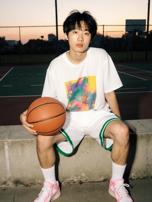 Este é um modelo masculino jovem e atlético da Coreia, com cabelo preto curto e despenteado, tom de pele amarelado e um tipo físico atlético. Sua postura confiante enquanto segura uma bola de basquete transmite uma vibe casual, mas esportiva. O gráfico colorido em sua camiseta branca adiciona um toque divertido ao seu visual geral, tornando-o altamente adequado para campanhas de roupas esportivas, fotografia de estilo de vida ou promoções de marcas voltadas para o público jovem.