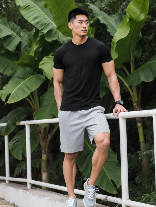 Este é um jovem modelo masculino confiante da China, com cabelo curto preto bem arrumado, tom de pele amarelado e um tipo físico atlético. Sua postura e vestimenta—uma camiseta preta combinada com shorts cinza—transmitem uma vibe ativa e esportiva. O cenário, cercado por vegetação exuberante, complementa sua imagem energética e saudável, tornando-o altamente adequado para roupas de fitness, atividades ao ar livre ou campanhas relacionadas à saúde.