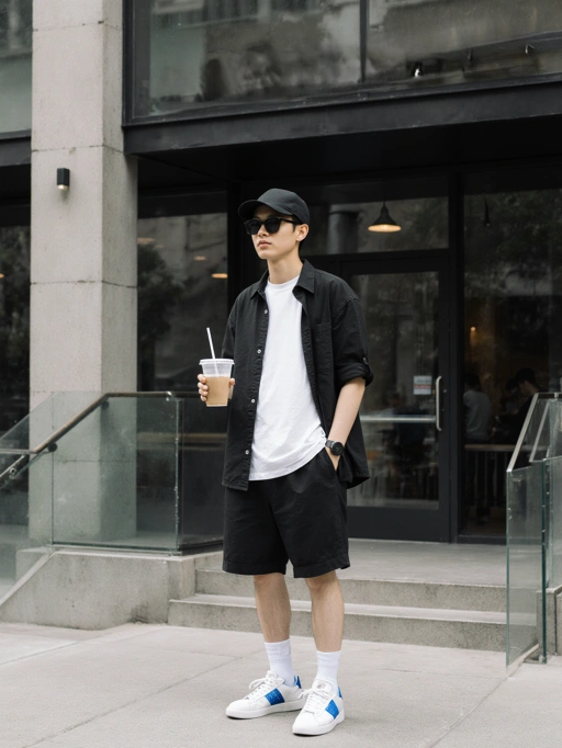 Este es un modelo masculino joven y seguro de sí mismo de Corea, con cabello corto y oscuro, un tipo de cuerpo delgado y un tono de piel amarillo. Su atuendo casual pero elegante, que consiste en una camisa negra sobre una camiseta blanca combinada con pantalones cortos negros y zapatillas blancas, transmite una vibra relajada y moderna. La postura del modelo y su mirada directa reflejan una sensación de confianza en sí mismo, lo que lo hace ideal para sesiones de moda urbana, branding de estilo de vida o promoción de ropa casual en entornos contemporáneos.