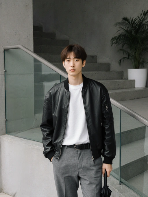 Este es un modelo masculino joven y seguro de sí mismo de Corea, con cabello corto castaño claro peinado de lado de manera ordenada, un tipo de cuerpo delgado y un tono de piel amarillo. Su atuendo—una chaqueta bomber de cuero negro sobre una camiseta blanca combinada con pantalones grises—irradia un estilo moderno y elegante. El aspecto general, complementado por su expresión serena y postura, sugiere idoneidad para sesiones de fotos de moda, campañas de estilo de vida urbano o respaldos de marcas contemporáneas.