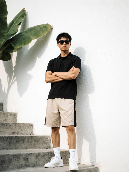 Dies ist ein selbstbewusstes junges männliches Model aus China mit gepflegtem schwarzen Kurzhaar, einem schlanken Körpertyp und einem gelben Hautton. Sein lässiges, aber stilvolles Outfit, bestehend aus einem schwarzen Poloshirt und beigen Shorts, kombiniert mit weißen Sneakers, strahlt eine entspannte und zugängliche Ausstrahlung aus. Die verschränkten Arme des Models und die Sonnenbrille verleihen ihm eine coole Selbstsicherheit, wodurch er sich hervorragend für Modeaufnahmen eignet, die sich auf zeitgenössische Streetwear oder Lifestyle-Marken konzentrieren.