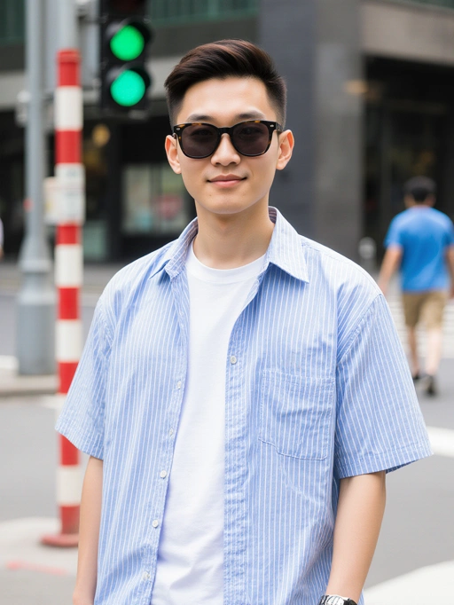 Este es un modelo masculino joven y seguro de sí mismo de China, con un cabello corto negro y ordenado, un tipo de cuerpo delgado y un tono de piel amarillo. Su atuendo casual pero elegante, que consiste en una camisa de rayas azul claro sobre una camiseta blanca, combinado con gafas de sol, transmite una vibra relajada y accesible. El entorno sugiere un ambiente urbano, lo que lo hace adecuado para moda de ropa urbana, fotografía de estilo de vida o contenido promocional dirigido a una audiencia juvenil y moderna.