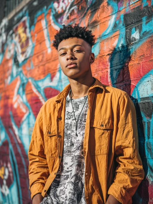 Il s'agit d'un jeune mannequin masculin confiant originaire des Amériques, probablement américain, avec des cheveux noirs courts et bouclés, un teint brun et une silhouette mince. Sa tenue—une veste orange vive sur un t-shirt graphique—associée à son allure urbaine et élégante, suggère une personnalité moderne et artistique. Le décor de graffitis colorés renforce son apparence audacieuse et assurée, le rendant particulièrement adapté aux séances de mode, aux campagnes de streetwear ou aux projets médiatiques destinés aux jeunes.