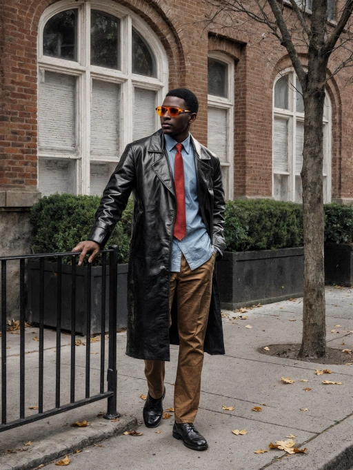Ini adalah model pria muda dewasa yang percaya diri dengan keturunan Afrika-Amerika, memiliki rambut hitam pendek dan tipe tubuh ramping. Warna kulit gelapnya sangat kontras dengan pakaian modisnya, yang mencakup mantel parit kulit hitam, kemeja biru muda, dasi merah, dan celana panjang krem. Postur model dan pilihan aksesori, seperti kacamata hitam berwarna oranye, memancarkan rasa keberanian dan pemikiran maju dalam mode. Penampilannya secara keseluruhan menunjukkan nuansa modern dan urban, menjadikannya sangat cocok untuk kampanye mode streetwear, fotografi gaya hidup, atau materi promosi yang menargetkan audiens muda dan trendi.