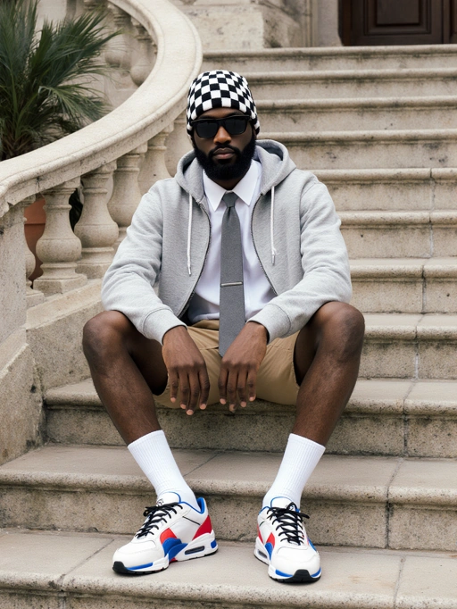 Este é um modelo masculino jovem e confiante das Américas, provavelmente americano, com um porte atlético. Ele tem um penteado curto e preto que está atualmente coberto por um gorro xadrez preto e branco distinto. Seu tom de pele é negro, e ele transmite um ar estiloso e autoconfiante por meio de sua postura e escolha de roupa—um visual casual, mas bem elaborado, com um moletom cinza sobre uma camisa branca combinada com uma gravata, shorts cáqui e tênis coloridos. Este conjunto sugere versatilidade e uma estética urbana moderna, tornando-o ideal para sessões de moda focadas em streetwear ou branding de estilo de vida.