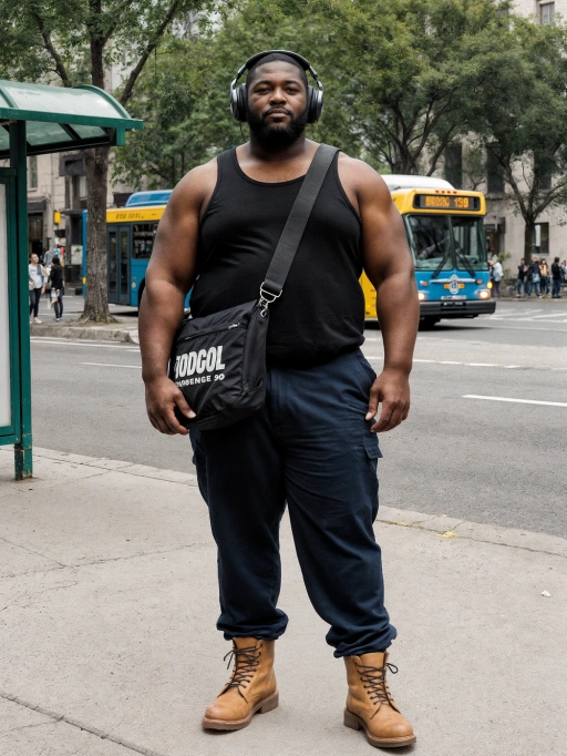 Este es un modelo masculino joven y seguro de sí mismo de las Américas, probablemente estadounidense, con cabello corto y negro, piel oscura y un tipo de cuerpo atlético. Su atuendo—una camiseta sin mangas negra, pantalones cargo azul marino, botas color beige y un bolso cruzado—junto con sus auriculares, transmite una fuerte vibra urbana. Su postura y mirada directa sugieren confianza en sí mismo y una estética moderna de estilo callejero, lo que lo hace altamente adecuado para sesiones de moda centradas en ropa urbana, marcas de estilo de vida o imágenes de cultura callejera contemporánea.