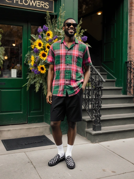 Este é um modelo masculino jovem e confiante das Américas, com cabelo curto e preto, pele escura e um tipo de corpo atlético. Seu sorriso vibrante e roupa estilosa—uma camisa xadrez combinada com shorts e mocassins estampados—transmitem uma vibe animada e acessível. O cenário, em frente a uma floricultura com uma porta verde, adiciona charme, tornando-o adequado para sessões de moda casual, branding de estilo de vida ou campanhas de streetwear urbano.