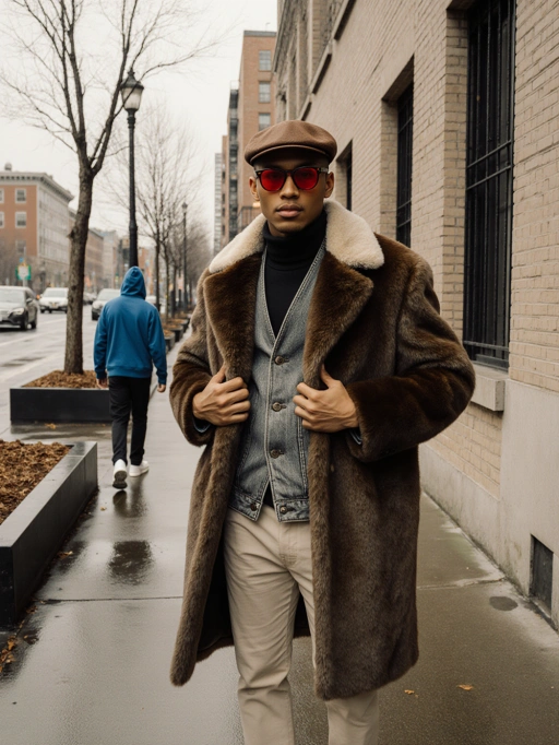 This is a stylish young adult male model from the Americas, likely American, featuring short dark hair under a brown flat cap, black skin, and a slim figure. His confident posture and choice of layered, high-quality clothing—including a fur coat, denim vest, and turtleneck—convey a chic and sophisticated vibe. The red-tinted sunglasses add an air of mystery and modernity. This image is highly suitable for fashion editorials, luxury brand campaigns, or urban lifestyle photography projects.