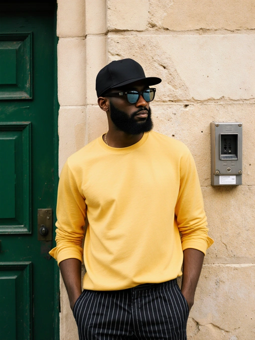 Este é um modelo masculino jovem e confiante, provavelmente de origem nigeriana, com cabelo curto e preto sob um boné preto, pele escura e porte atlético. Seu traje consiste em um moletom amarelo vibrante combinado com calças pretas de risca de giz, emanando um estilo moderno e elegante. A combinação de sua expressão séria, óculos de sol e roupa casual, porém estilosa, sugere uma personalidade autoconfiante e antenada nas tendências. Esta imagem é altamente adequada para campanhas de moda urbana, promoções de streetwear ou fotografia de estilo de vida que enfatizem estilo contemporâneo e individualidade.