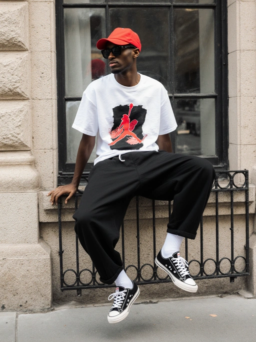 Voici un jeune mannequin masculin adulte, cool et confiant, originaire des Amériques, probablement américain, avec des cheveux courts et noirs, une peau foncée et une silhouette athlétique. Sa tenue—un T-shirt blanc avec un motif audacieux, un pantalon noir et des baskets classiques—associée à une casquette rouge et des lunettes de soleil, dégage une allure décontractée mais élégante. Sa posture, assis nonchalamment sur une rambarde, souligne davantage sa confiance détendue, le rendant idéal pour des campagnes de mode urbaine ou des photographies lifestyle mettant en avant l'énergie de la jeunesse et la mode contemporaine.