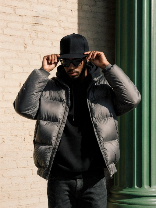 Ini adalah model pria muda dewasa yang keren dan percaya diri dari Amerika, dengan rambut hitam pendek di bawah topi, kulit gelap, dan tubuh atletis. Pakaian yang dikenakannya termasuk jaket puffer abu-abu yang stylish di atas hoodie hitam, dipadukan dengan jeans, memancarkan suasana santai namun modis. Ekspresi dan postur model menunjukkan kepribadian yang kuat dan percaya diri, membuatnya sangat cocok untuk kampanye pakaian jalanan perkotaan, fotografi gaya hidup, atau mempromosikan merek fesyen kasual modern.