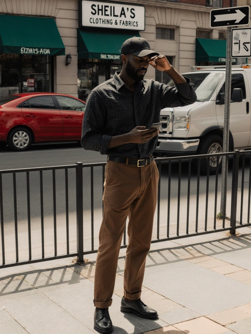 This is a confident young adult male model from the Americas, likely American, featuring a well-proportioned body, short black hair concealed under a cap, and dark skin. His attire—a checkered shirt, brown trousers, and polished shoes—along with his relaxed posture while checking his phone, conveys a casual yet put-together vibe. The setting suggests an urban environment, making him suitable for streetwear fashion, lifestyle photography, or promotional content aimed at a youthful, metropolitan audience.