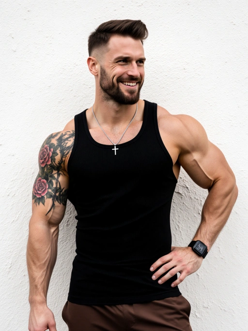 This is a confident young adult male model from Germany, featuring short brown hair with a modern side-swept style, fair skin, and an athletic body type. His friendly smile and relaxed posture convey a sense of approachability and self-assurance. The visible tattoo on his arm adds a touch of individuality and edginess to his overall look. This model would be highly suitable for fitness-related content, casual fashion shoots, or promotional materials that aim to project a healthy, active lifestyle.
