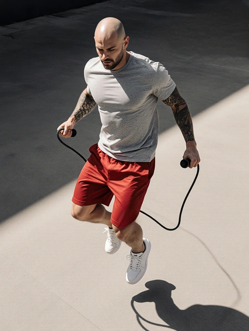 Dies ist ein athletisches männliches Model im jungen Erwachsenenalter, wahrscheinlich italienischer Abstammung, mit kahler Frisur und heller Haut. Sein muskulöser Körperbau und sein entschlossener Ausdruck vermitteln eine starke und fokussierte Persönlichkeit. Er wird während des Seilspringens eingefangen, was seinen aktiven Lebensstil und seine Hingabe an Fitness betont. Dieses Bild ist äußerst geeignet für Sportbekleidung, Fitnessmarken oder motivierende Inhalte und vermittelt eine lebendige und energiegeladene Ausstrahlung.