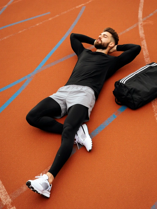 Este é um modelo masculino jovem adulto europeu, possivelmente italiano, com cabelo castanho curto e bem estilizado, pele clara e um tipo físico atlético. Ele está vestido com roupas esportivas, deitado casualmente em uma pista de atletismo, transmitindo uma vibe descontraída, mas esportiva. Sua aparência geral sugere que ele é adequado para conteúdo relacionado a fitness, publicidade de roupas esportivas ou imagens de estilo de vida que promovem saúde e bem-estar.