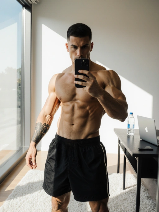 Male, Young Adult, Brown, Athletic, Confident-Fit, Neat black short hair, Americas-American