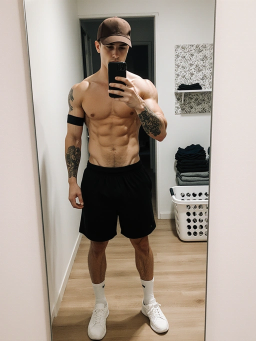 Este é um modelo masculino jovem e confiante das Américas, provavelmente americano, exibindo um tipo de corpo atlético com músculos bem definidos. Ele tem cabelo curto e castanho, parcialmente coberto por um boné casual, e pele de tom branco. Sua postura e olhar direto transmitem uma personalidade esportiva e autoconfiante. A imagem o captura em uma aparência relaxada, mas em forma, tornando-a adequada para roupas de fitness, branding de estilo de vida ou conteúdo motivacional relacionado à saúde e bem-estar.