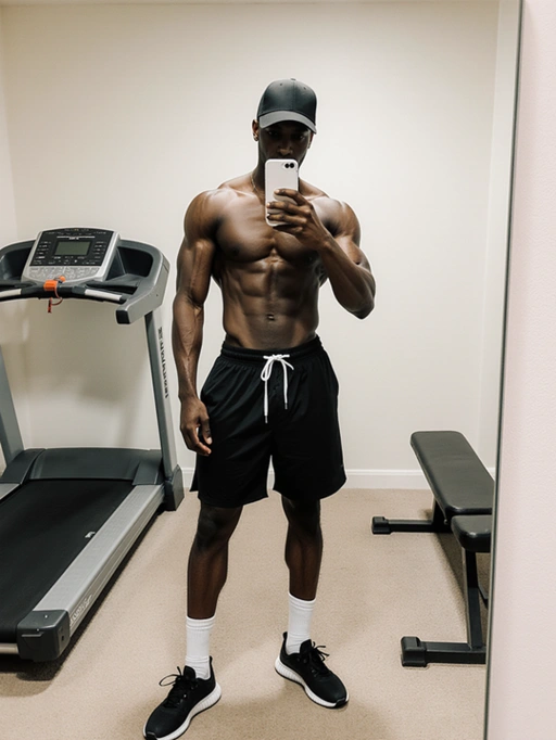 Este é um modelo masculino jovem e confiante dos Estados Unidos, com cabelo preto curto sob um boné, pele escura e um tipo físico atlético. Sua postura e o ambiente da academia transmitem uma sensação de aptidão e preocupação com a saúde, tornando-o altamente adequado para roupas de fitness, equipamentos esportivos ou projetos relacionados ao bem-estar. A imagem captura um momento de autoconfiança e dedicação ao bem-estar físico.