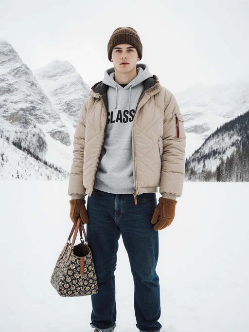 Voici un jeune mannequin masculin adulte confiant, probablement d'origine italienne en Europe, avec un corps mince et une peau claire. Ses cheveux ne sont pas visibles en raison du chapeau qu'il porte, mais ils semblent être courts d'après le contour. Habillé d'une tenue d'hiver élégante mais pratique composée d'une veste matelassée beige sur un sweat à capuche gris avec l'inscription 'CLASS', assorti à un jean bleu foncé et des gants marron, il dégage une ambiance orientée vers l'extérieur et l'aventure. Tenant un sac à motifs, il se tient devant un décor de montagne enneigée, ce qui le rend particulièrement adapté aux campagnes de mode hivernale ou aux séances photo sur le thème du style de vie en plein air.