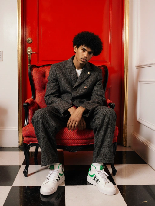 Este é um modelo masculino jovem e confiante das Américas, provavelmente americano, com um tipo de corpo esguio, cabelo afro escuro e encaracolado, e tom de pele negra. Sua postura e expressão facial transmitem uma vibe estilosa e autoconfiante, complementada por seu traje moderno composto por um terno cinza sob medida combinado com tênis brancos contemporâneos. O cenário, com sua porta vermelha marcante e poltrona clássica, realça a estética geral sofisticada, porém contemporânea, tornando-o altamente adequado para editoriais de moda urbana, campanhas de estilo de vida ou anúncios de marcas direcionados a um público jovem e moderno.