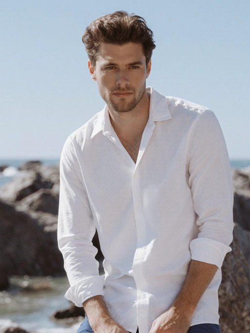 Este é um modelo masculino jovem e confiante da Itália, com cabelo castanho curto e ondulado, pele clara e um tipo de corpo atlético. Sua postura relaxada e olhar direto transmitem uma sensação de descontração e autoconfiança, tornando-o altamente adequado para sessões de moda casual, campanhas de roupas de praia ou fotografia de estilo de vida que enfatizem a beleza natural e a confiança.