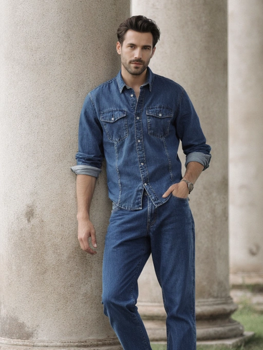 Este é um modelo masculino jovem e confiante da Itália, com cabelo curto, castanho-escuro e ondulado, pele clara e uma figura esbelta. Seu traje consiste em uma camisa jeans estilosa e calças jeans, transmitindo uma vibe casual, mas bem arrumada. A postura relaxada do modelo e seu olhar direto sugerem uma personalidade autoconfiante, tornando-o altamente adequado para campanhas de moda focadas em roupas casuais contemporâneas ou branding de estilo de vida.