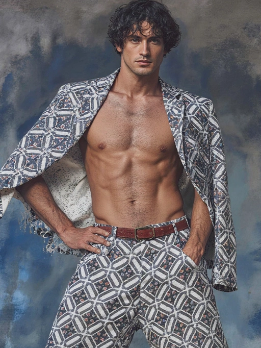 This is a confident young adult male model from Italy, featuring dark brown wavy hair, fair skin, and an athletic body type. His bold posture and stylish outfit, consisting of a patterned open jacket and matching pants, convey a sense of self-assuredness and fashion-forward attitude. The overall vibe is both charismatic and chic, making him highly suitable for high-end fashion campaigns, luxury brand endorsements, or artistic editorial shoots that emphasize strength and style.
