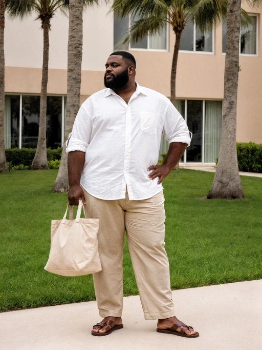 This is a confident middle-aged male model from the Americas, likely American, featuring short black hair, dark skin, and a plus-size body type. His relaxed posture and casual attire—a white button-up shirt paired with beige trousers and sandals—convey a laid-back and approachable vibe. Holding a simple tote bag, he exudes a sense of ease and comfort, making him highly suitable for lifestyle photography, everyday fashion campaigns, or promoting eco-friendly products in a suburban or resort setting.
