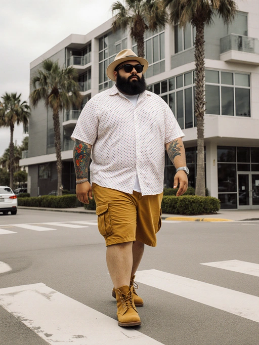 Dies ist ein selbstbewusstes junges männliches Model aus Amerika, wahrscheinlich Amerikaner, mit einem Plus-Size-Körpertyp. Seine Hautfarbe ist braun, und er trägt ein stylisches Outfit, bestehend aus einem weißen gemusterten Hemd, senfgelben Cargo-Shorts und hellbraunen Stiefeln, ergänzt durch einen beigen Fedora und eine Sonnenbrille. Seine sichtbaren Tattoos verleihen seinem Gesamtlook eine markante Note. Das Model strahlt eine starke und modische Ausstrahlung aus, die ihn ideal für urbane Streetwear-Modekampagnen oder Lifestyle-Fotografie macht, die Individualität und Selbstausdruck betonen.