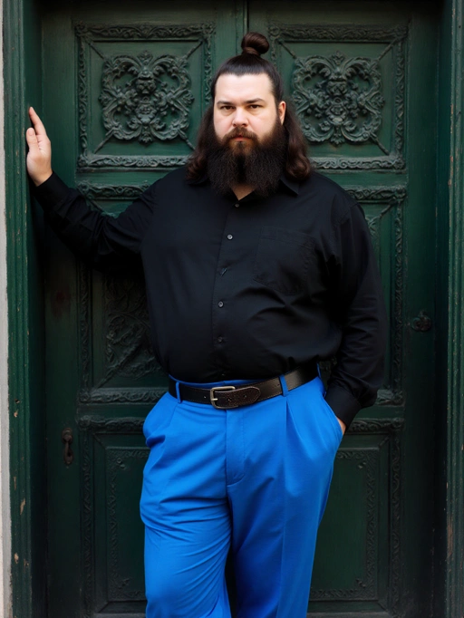 Este é um modelo masculino jovem e confiante, provavelmente de ascendência italiana, com cabelos longos castanho-escuros presos em um coque alto e pele clara. Seu corpo bem proporcionado está vestido com uma camisa preta elegante de botões combinada com calças vibrantes azuis, exalando um estilo moderno e sofisticado. Sua postura, com uma mão casualmente apoiada na porta e a outra no bolso, transmite uma sensação de autoconfiança e modernidade. Esta imagem é altamente adequada para editoriais de moda, fotografia de estilo de vida ou promoção de marcas contemporâneas de moda masculina.