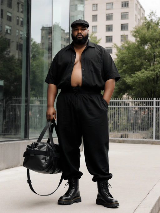 Voici un mannequin masculin américain d'âge moyen et sûr de lui, arborant des cheveux courts et noirs, complétés par une casquette plate, une peau foncée et une morphologie grande taille. Sa tenue — une chemise noire partiellement déboutonnée associée à un pantalon ample et des bottes robustes — ainsi que sa posture ferme et son regard direct, dégagent une allure urbaine et assurée. Tenant un sac de sport noir élégant, il semble prêt pour une journée en ville, ce qui fait de lui un choix idéal pour des campagnes de mode streetwear ou des photographies lifestyle mettant en avant l'individualité et la culture urbaine moderne.