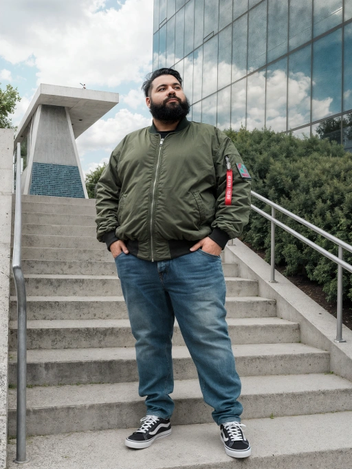 Este é um modelo masculino jovem e confiante das Américas, provavelmente americano, com cabelo curto e escuro em um estilo arrumado e ligeiramente despenteado, pele morena e um tipo de corpo plus size. Seu traje consiste em uma jaqueta bomber casual verde oliva combinada com jeans azul e tênis pretos, transmitindo uma vibe relaxada e estilosa. A postura e expressão do modelo transmitem uma sensação de autoconfiança e descontração, tornando-o ideal para campanhas de moda focadas em streetwear, roupas de estilo de vida ou iniciativas de moda inclusiva que celebram tipos de corpo diversos.