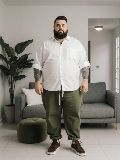 Este é um modelo masculino jovem e confiante das Américas, provavelmente americano, com cabelo curto castanho-escuro em um corte moderno e arrumado, pele clara e um tipo de corpo plus size. Seu traje consiste em uma camisa casual branca com botões combinada com calças jogger verde-oliva e tênis marrons, complementados por tatuagens visíveis nos braços. Sua postura relaxada e olhar direto transmitem uma vibe descontraída, mas autoconfiante, tornando-o altamente adequado para fotografia de estilo de vida, marcas de moda casual ou campanhas de decoração de interiores que enfatizam conforto e individualidade.