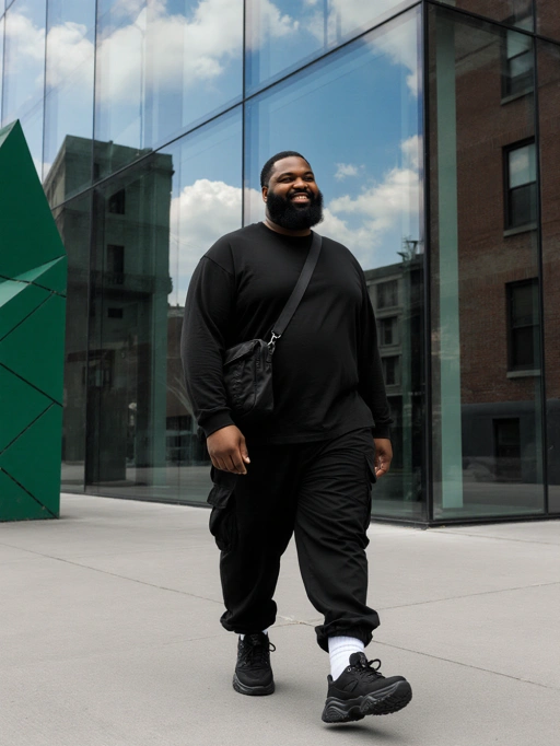 This is a confident young adult male model from the Americas, likely American, featuring short black hair with a beard, dark skin, and a plus-size body type. His outfit consists of an all-black ensemble with a relaxed fit, paired with white socks and black sneakers, exuding a casual yet stylish vibe. The model's broad smile and upright posture convey a sense of self-assurance and approachability, making him well-suited for fashion campaigns focused on urban streetwear or lifestyle brands that emphasize inclusivity and comfort.